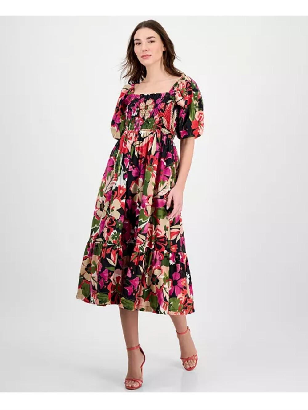 Anne Klein NWT $149 Size 10 Floral Smocked Puff Sleeve Midi Dress Cottagecore